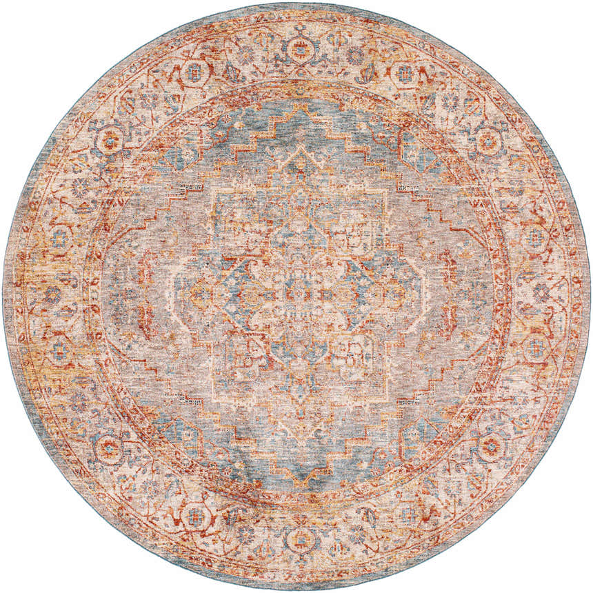 Round Lumpkin Area Rug featuring a traditional oriental design in brick red, charcoal, light beige, and teal. Design-Round-710