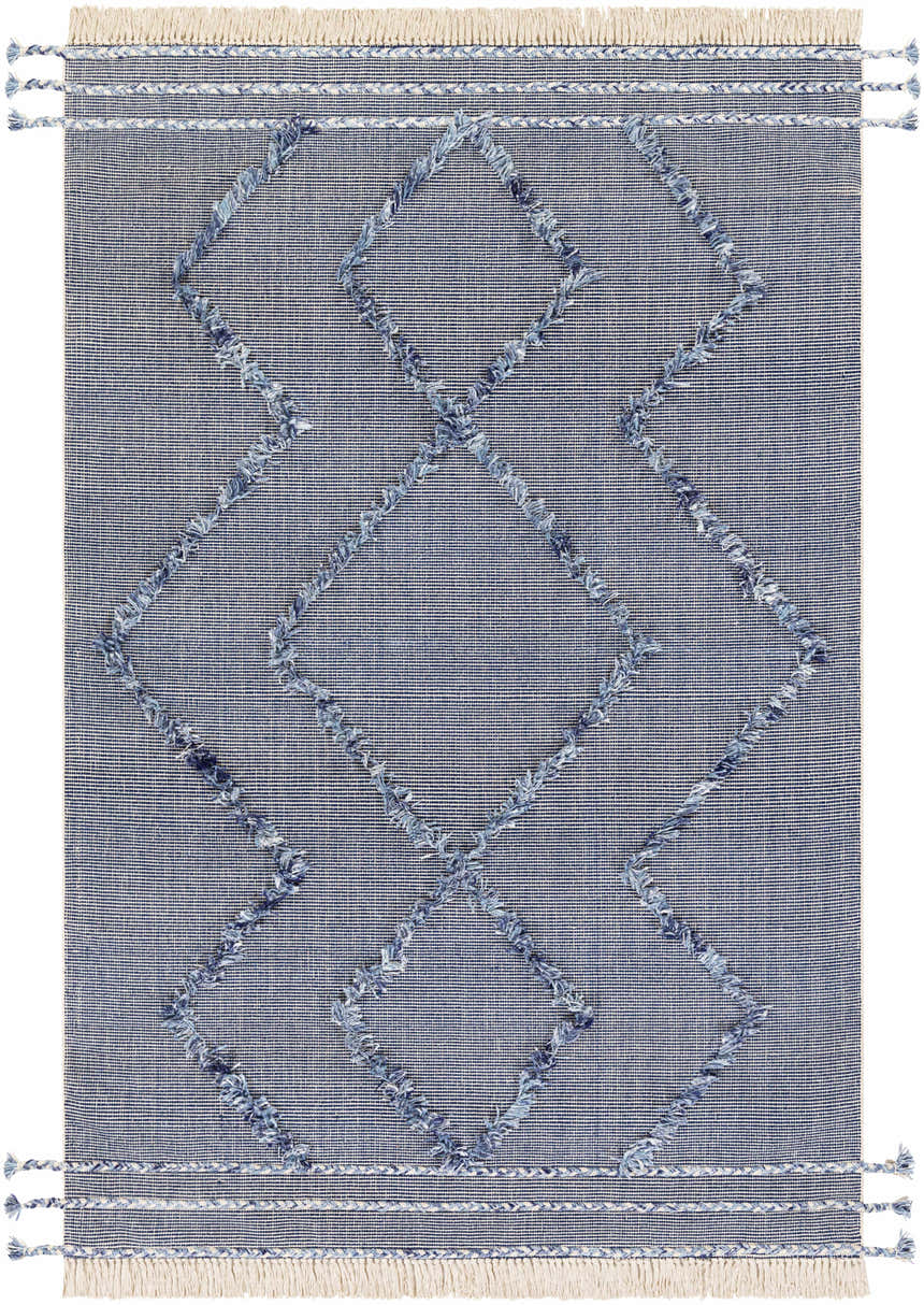 Hand woven Lavington Carpet with a farmhouse style diamond pattern in dark blue and denim with fringe detail. Design-Rectangle-576