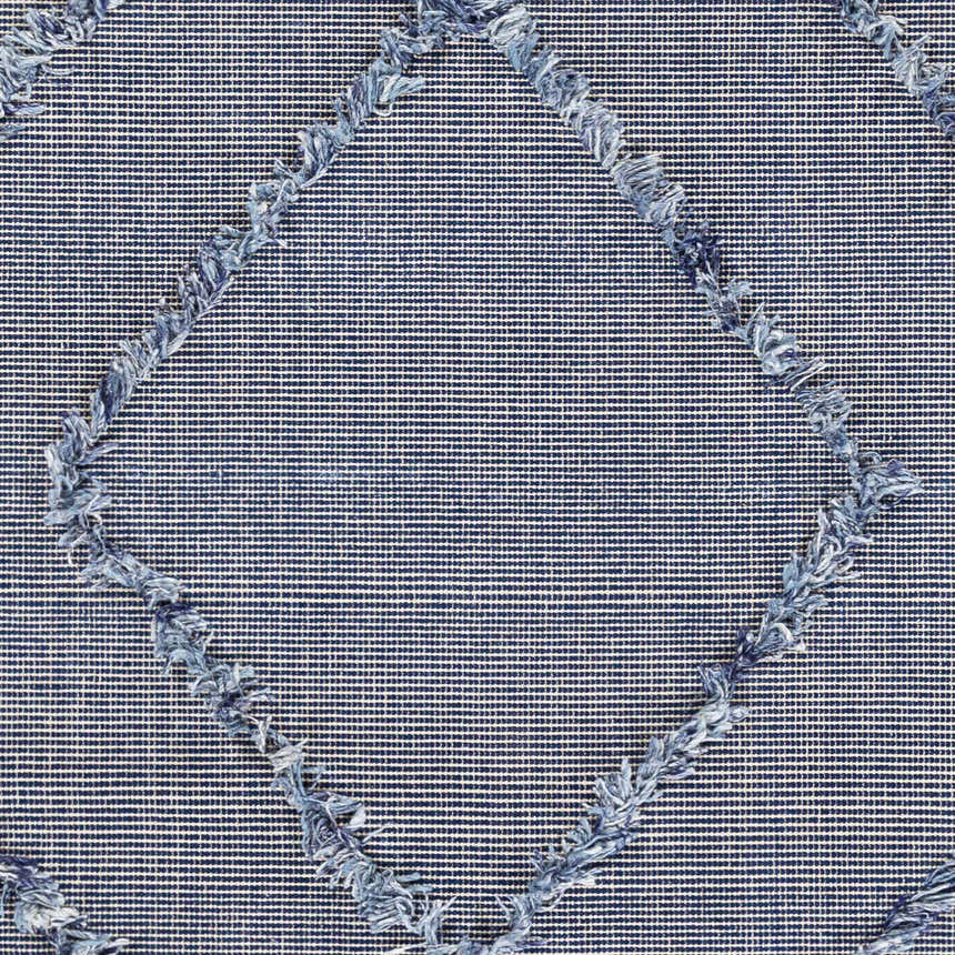 Close-up of the Lavington Carpet showing a hand-woven blue and white striped pattern with denim-colored fringe. Swatch