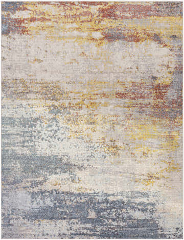 Close-up of the Alexandra Area Rug. Abstract design with brick red, charcoal, cream, dark blue, gray, ice blue, and mustard hues. Design-Rectangle-710103
