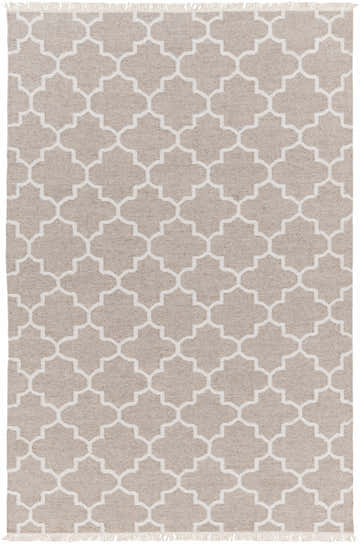 Close-up of the hand-woven Lydia Area Rug. Cream geometric pattern on a tan wool rug with fringe. Contemporary style. Design-Rectangle-576