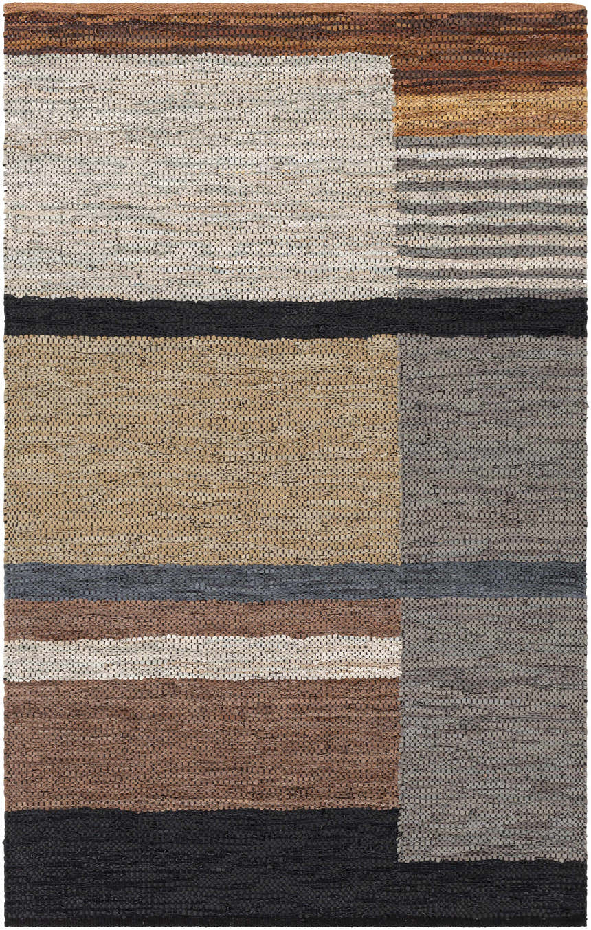 Close-up of the Lyndoch Leather Patchwork Rug. Features black, brown, beige, and gray tones in a hand woven, contemporary design. Design-Rectangle-576