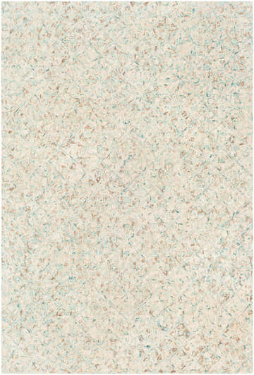 Close-up of the hand-tufted Lysander Area Rug. Light beige wool with blue and brown contemporary pattern. Design-Rectangle-576