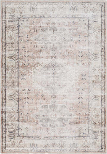 Close-up of the Laran Taupe Distressed Washable Area Rug, featuring a traditional floral pattern in light gray, taupe, and slate gray. Design-Rectangle-576