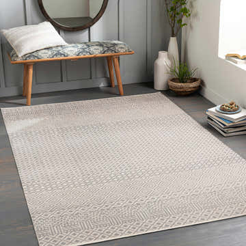 Entryway with gray Maanas Washable Area Rug, wood bench, round mirror, plants, and books for a cozy, transitional style. Roomscene-Rectangle