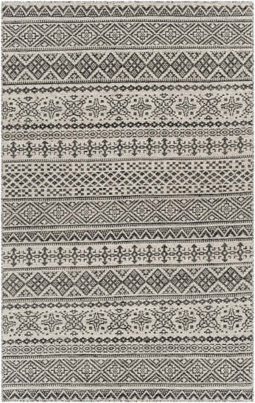 Close-up of the Mababanaba Area Carpet. Hand-woven wool rug with black, cream, and gray bohemian-inspired geometric patterns. Design-Rectangle-576
