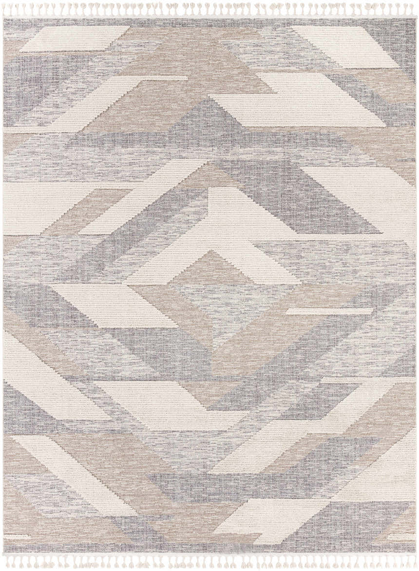 Close-up of the Magazine Geometric High/Low Pile Rug with Tassels. Gray, tan, and cream geometric pattern. Tassels on top and bottom. Design-Rectangle-710102