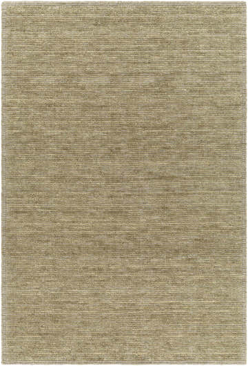 Close-up of the hand-loomed Magpet Area Rug. The 100% wool rug has a textured, contemporary design in light beige and olive tones. Design-Rectangle-576