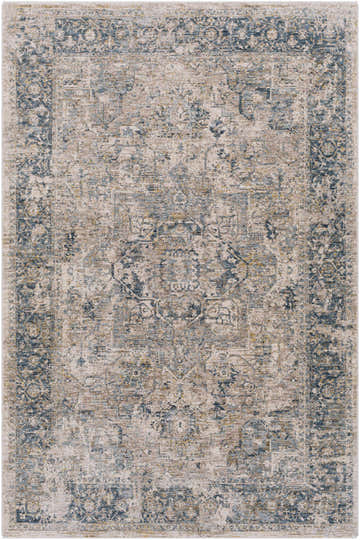 Close-up of the Magrath Area Rug. Traditional oriental design in charcoal, light beige, medium gray, and pale blue. Design-Rectangle-575