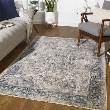 Living room scene with a blue and beige Magrath Area Rug, sofa, and chair. Roomscene-Rectangle