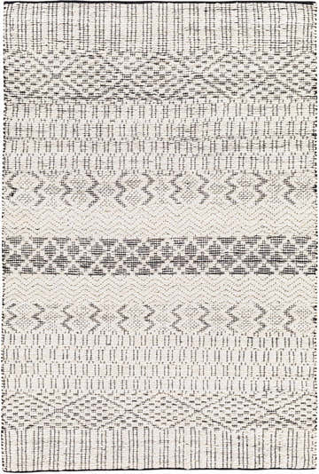 Close-up of the hand woven Malolos Jute Carpet. Cream rug with black geometric, bohemian pattern and jute texture. Design-Rectangle-576