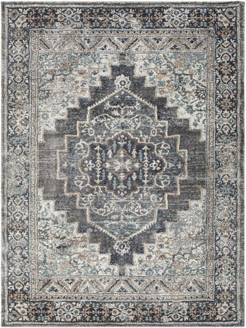 Detailed view of the Manaring Luxe Thick Area Rug, featuring a traditional geometric pattern in shades of gray, blue, and cream. Design-Rectangle-537