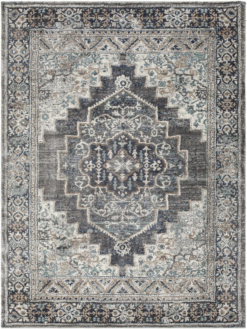 Detailed view of the Manaring Luxe Thick Area Rug, featuring a traditional geometric pattern in shades of gray, blue, and cream. Design-Rectangle-537