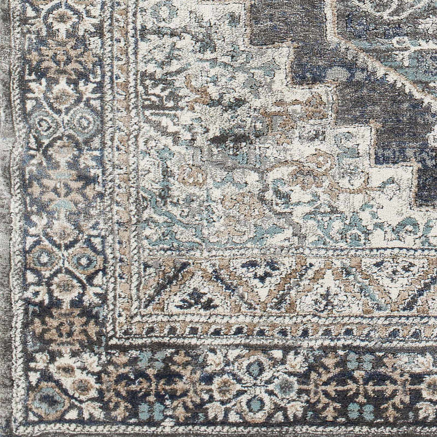 Close-up of the Manaring Luxe Thick Area Rug featuring a traditional pattern in shades of gray, blue, brown, and cream. Swatch