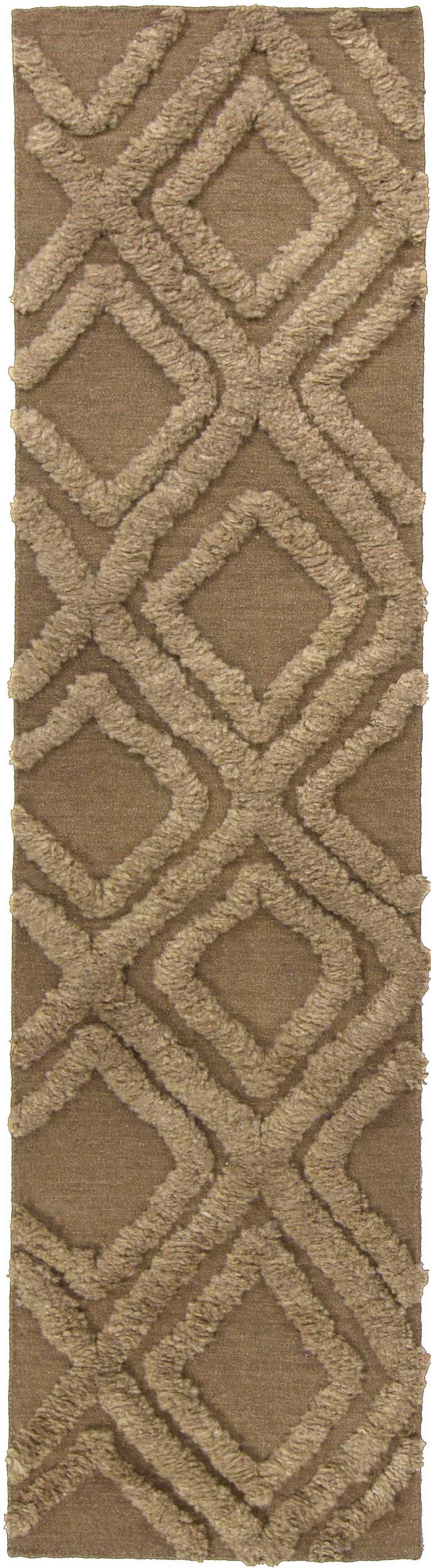 Close-up of the Manorville Area Rug. Brown wool rug with a raised diamond shag pattern. Hand woven texture. Design-Runner-268