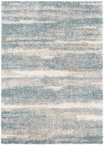 Close-up of the Manquiring Area Rug, a contemporary shag with blue, cream, and gray horizontal stripes. Design-Rectangle-5373