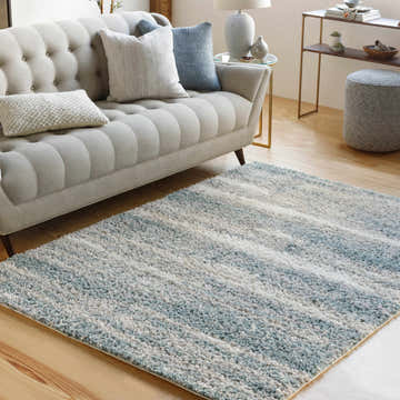 Living room scene with a blue and cream Manquiring Area Rug, light gray sofa, and wood floors. Contemporary style. Roomscene-Rectangle