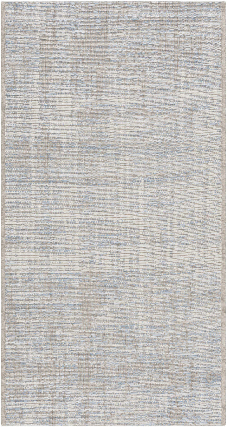 Close-up of the Manzanita Area Rug. Contemporary style in blue, cream, and taupe woven polypropylene. Design-Rectangle-237