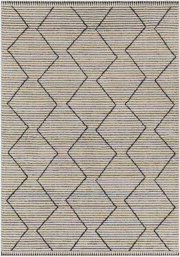 Close-up of the Maonon Area Rug. Dark gray geometric diamond pattern on a lambswool and multi-brown striped background. Design-Rectangle-537