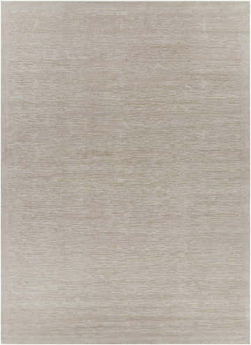 Close-up of the hand-knotted Mardi Area Rug. Light beige rug with a subtle, contemporary design and wool-silk texture. Design-Rectangle-811
