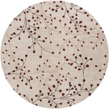 Close-up of round Elsu Beige & Burgundy rug. Floral design with burgundy berries and brown branches on a beige wool background. Design-Round-8