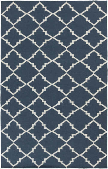 Close-up of the Maryneal Area Carpet; cream geometric pattern on a dark blue, hand woven wool rug. Design-Rectangle-58