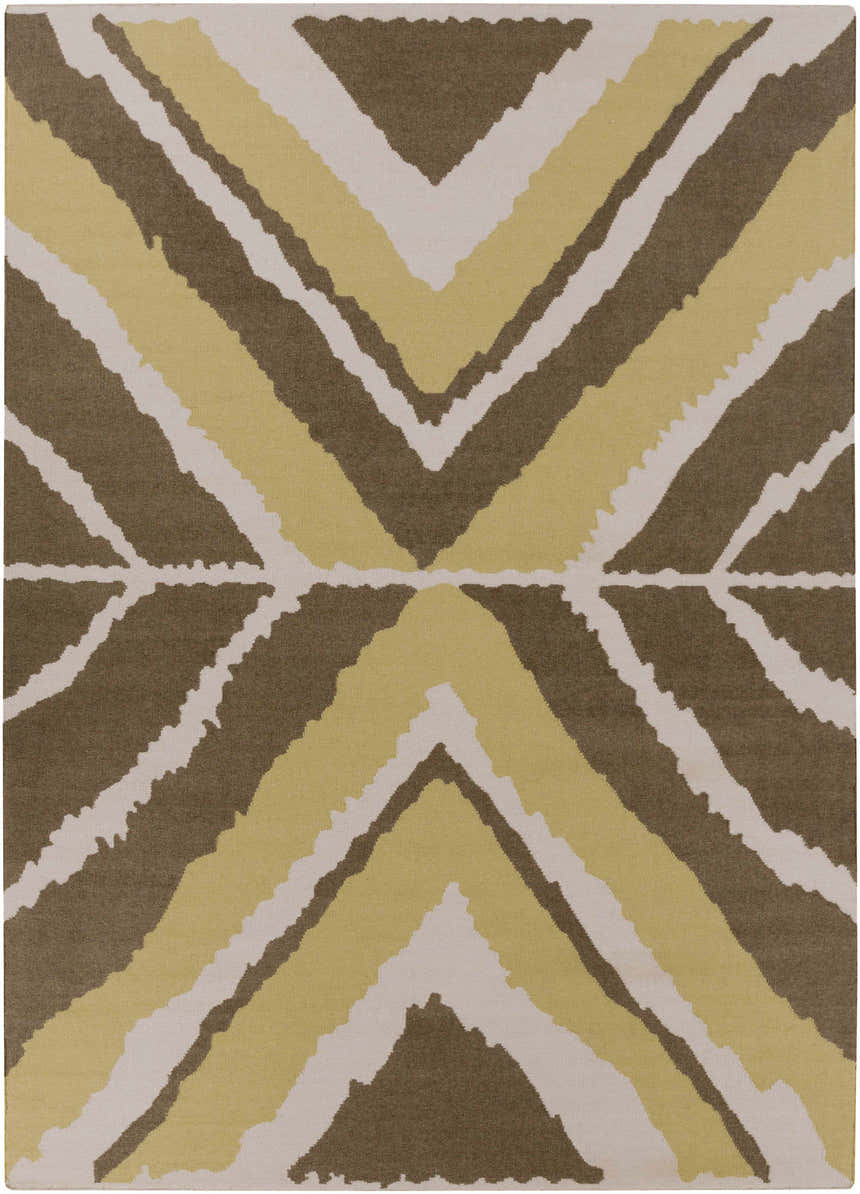 Close-up of the hand woven Marysville Carpet. Light beige, olive, and brown geometric pattern. 100% Wool texture. Design-Rectangle-811