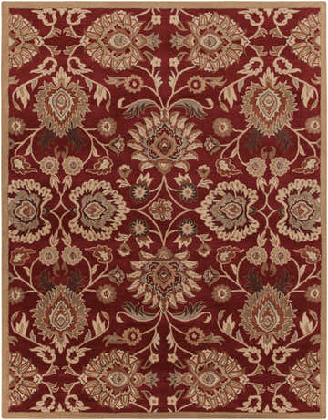 Detailed floral pattern on a Conesus Red 1061 hand-tufted wool rug. Colors include red, tan, brown, and olive. Design-Rectangle-7696