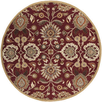 Close-up of the round Conesus Red 1061 rug. Hand-tufted wool rug with a traditional floral pattern in red, tan, and brown tones. Design-Round-8