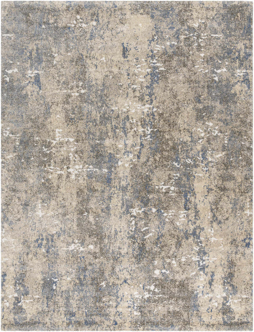 Close-up of the Matewan Thick Luxe Rug. Abstract design in blue, denim, ivory, and white. Contemporary style rug. Design-Rectangle-710103