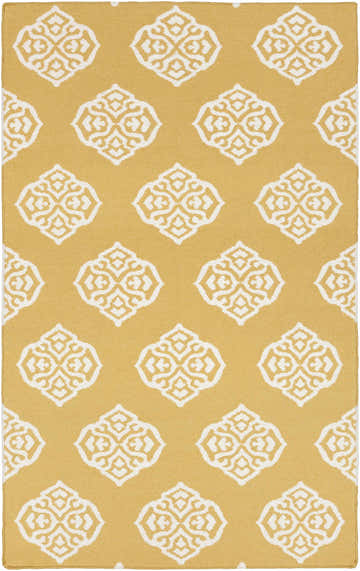 Close-up of the Mattoon Area Rug. Mustard yellow wool rug with an off-white geometric medallion pattern. Hand woven texture. Design-Rectangle-58