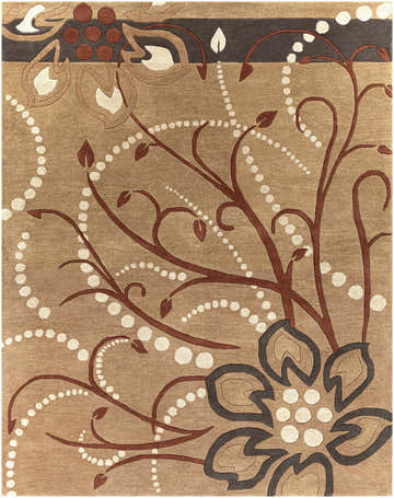 Close-up of the Mazama Area Rug showcasing its floral pattern, brown vines, and beige background. 100% Wool, hand-tufted texture. Design-Rectangle-7696