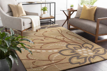 Living room scene with beige Mazama Area Rug featuring brown floral design under gray armchairs. Roomscene-Rectangle