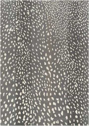Close-up of the Athena Gray Giraffe Print Wool Rug. Cream spots on a gray, hand-tufted wool rug. Animal print rug. Design-Rectangle-58