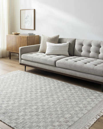 Living room with gray sofa and ivory Meira Wool Rug. Farmhouse style. Roomscene-Rectangle