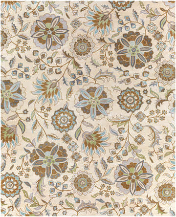 Close-up of the Mack Floral Wool Area Carpet, featuring a brown, blue, and sage green floral pattern on a tan background. Design-Rectangle-7696