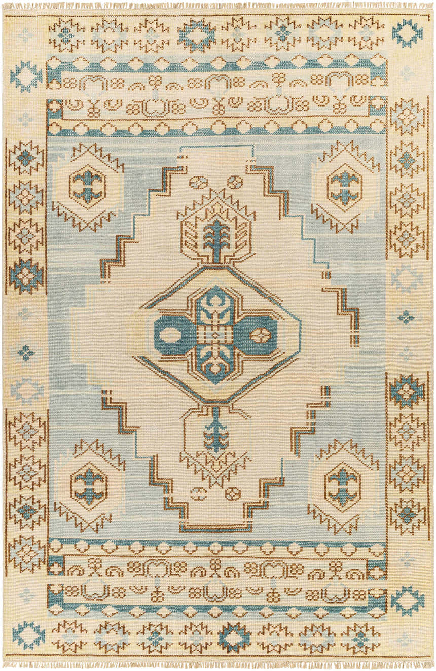 Close-up of the McColl Hand Knotted Wool Blend Rug. Features a geometric, oriental design in cream, brown, and teal. Design-Rectangle-69