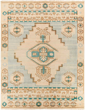 Close-up of the McColl Hand Knotted Wool Blend Rug. Features a traditional design in brown, cream, pale pink, seafoam, and teal. Design-Rectangle-810