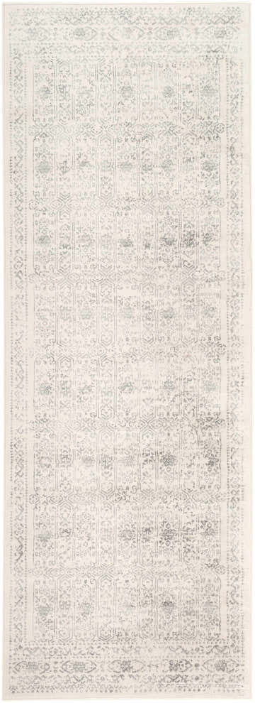 Close-up of the Michie Area Rug, a cream rug with light slate gray traditional, bohemian inspired patterns. Design-Runner-2773