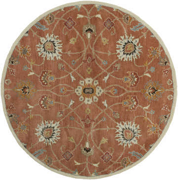 Close-up of the round Logville Hand Tufted Rust 1119 Wool Rug. Features a floral pattern in rust, ivory, and blue tones. Design-Round-6