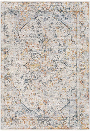 Close-up of the McKinlay Luxe Rug showcasing its traditional oriental pattern in cream, gray, brick red, and mustard tones. Design-Rectangle-575