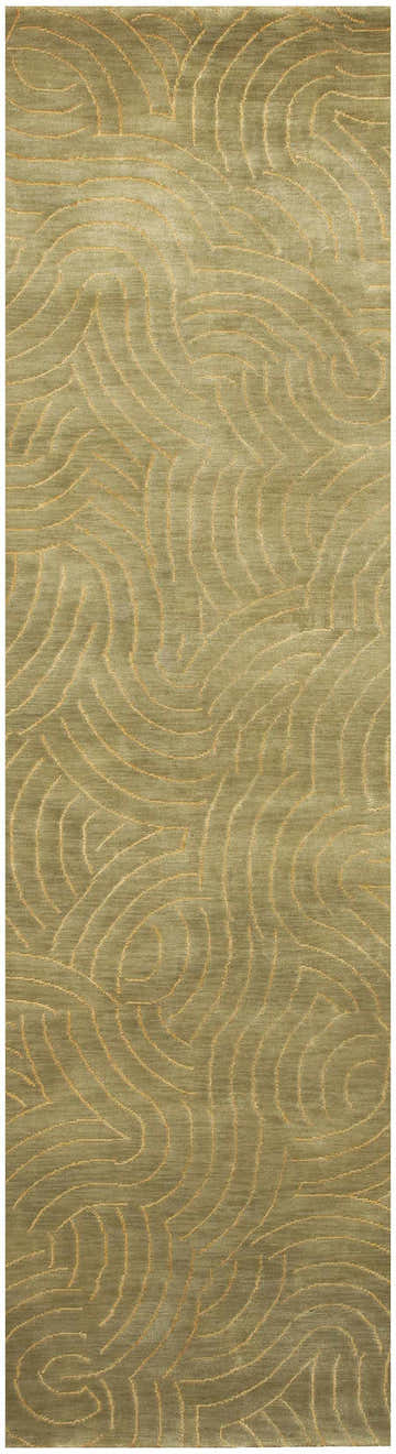 Close-up of the Middlesex Area Rug. Hand-knotted wool rug in dusty sage with mustard swirl pattern. Farmhouse style. Design-Runner-2610