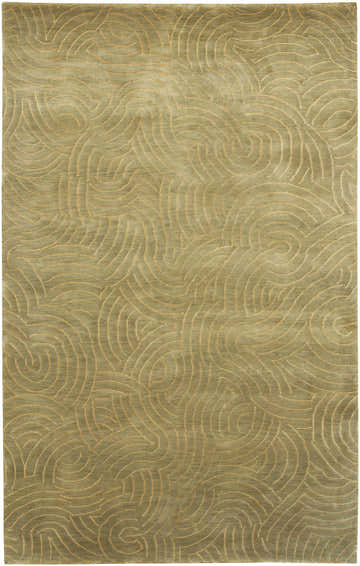 Close-up of the Middlesex Area Rug showing its dusty sage color and mustard swirl pattern. Hand-knotted wool texture. Design-Rectangle