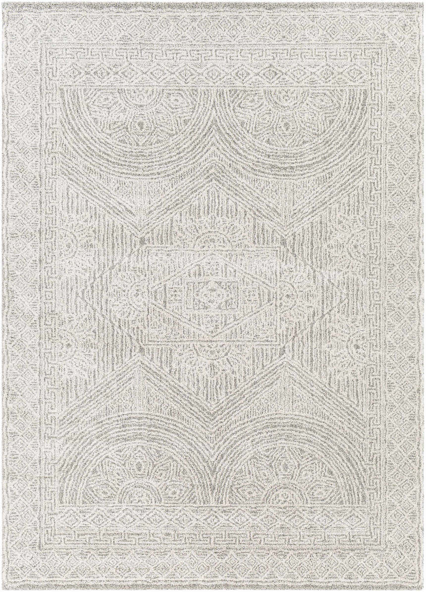 Close-up of the Middleville Luxe Rug. Contemporary style rug in charcoal, cream, light beige, and gray with geometric pattern. Design-Rectangle-5373
