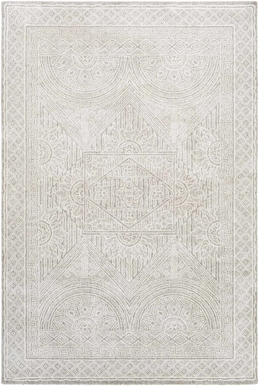 Close-up of the Middleville Luxe Rug. Contemporary style rug in charcoal, cream, light beige, and gray tones with geometric patterns. Design-Rectangle-6796