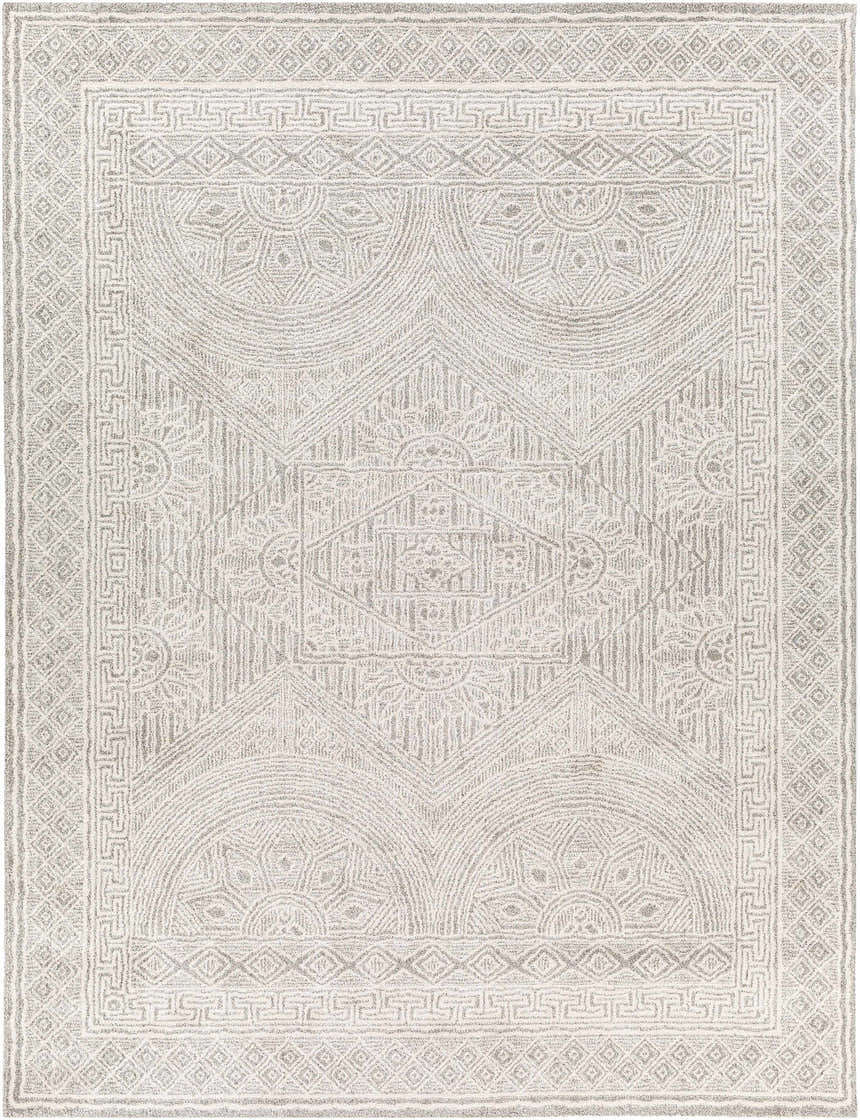 Close-up of the Middleville Luxe Rug. Contemporary style rug in charcoal, cream, light beige, and light gray. Geometric pattern. Design-Rectangle-71010
