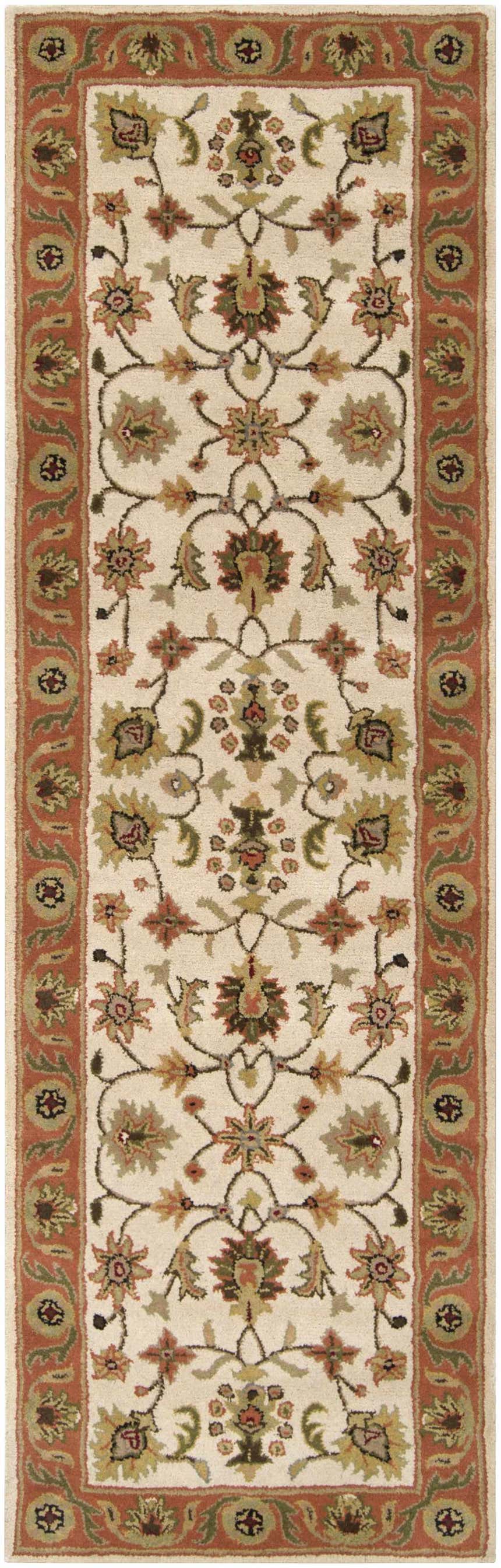 Close-up of the Medaryville Area Rug. Wool runner rug with beige, brick red, and green floral pattern. Design-Runner-268