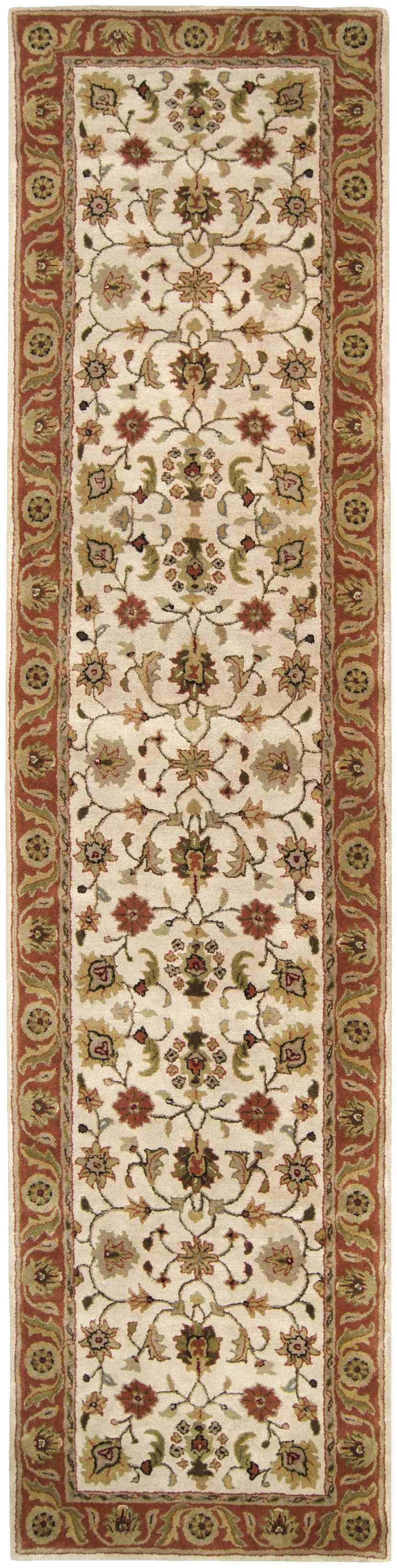 Close-up of the Medaryville Area Rug. Beige wool runner with a brick red border and traditional floral pattern. Design-Runner-312