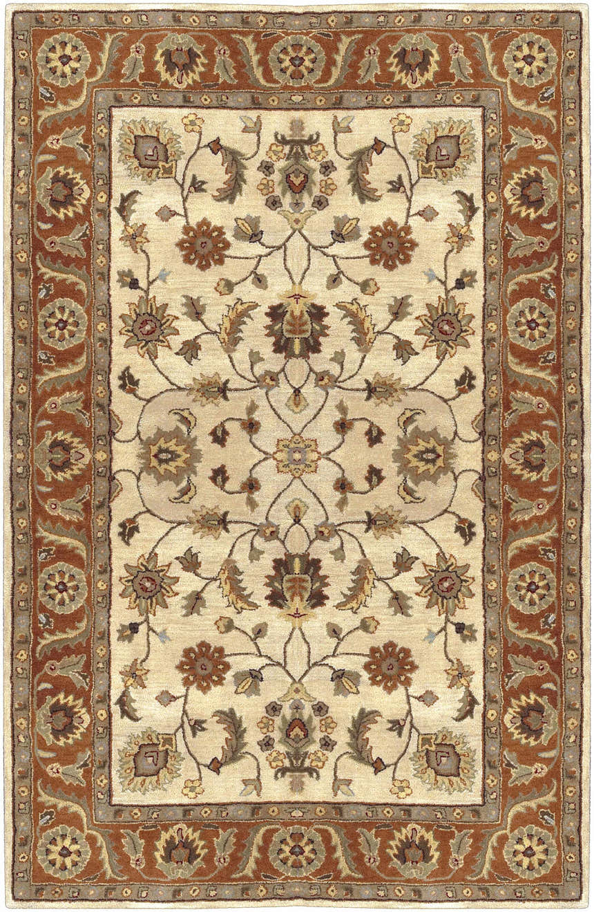 Close-up of the Medaryville Area Rug. Beige rug with a traditional floral pattern in brown, red, and green tones. Design-Rectangle-58