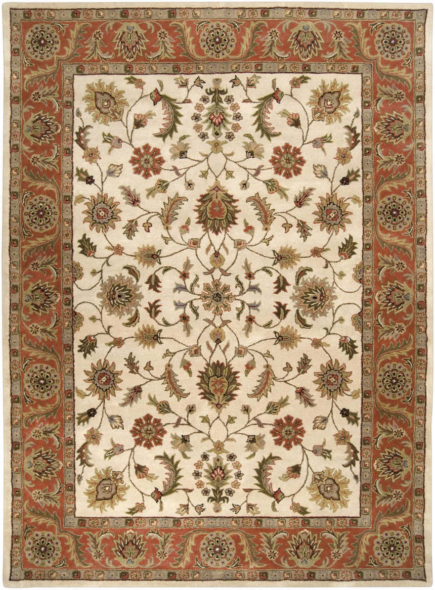 Close-up of the hand-tufted Medaryville Area Rug. Beige wool rug with brick red floral and leaf pattern border. Design-Rectangle-811